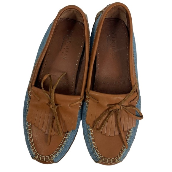 COLE HAAN COUNTRY Women's 7 1/2 Driving Loafer Brown Leather and Denim - Picture 4 of 8